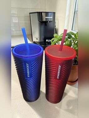 Dual Starbucks 24 oz Blue & Red Swirl Stainless Steel Cold Cups
